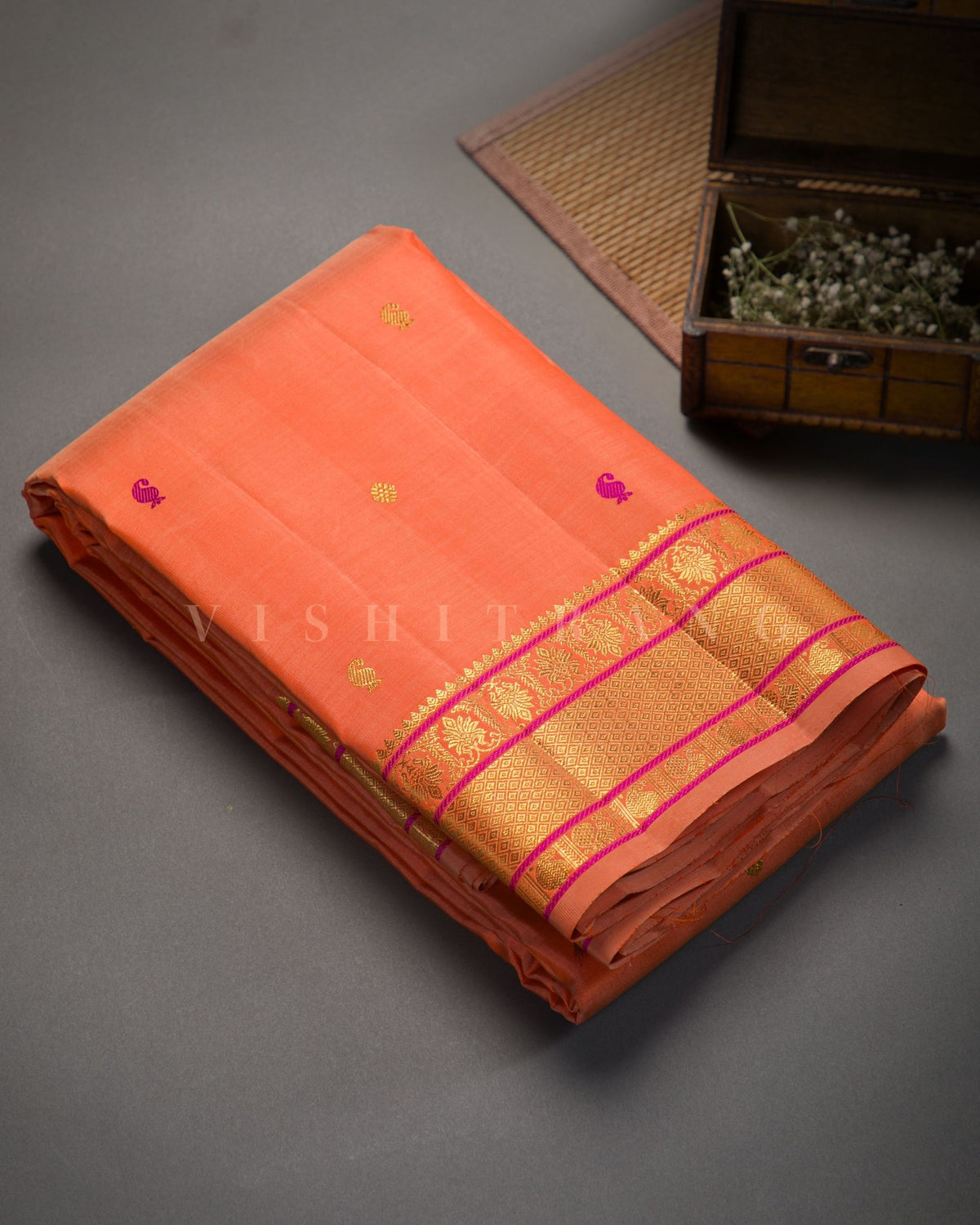 Vishitrang Peach Orange Kanjivaram Silk Sari CH-26-005