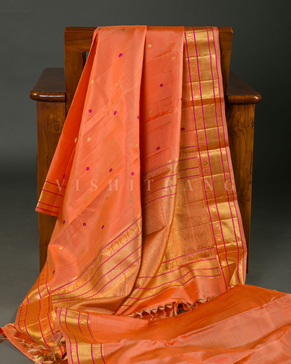 Vishitrang Peach Orange Kanjivaram Silk Sari CH-26-005